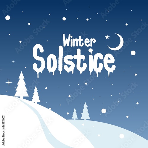 Vector illustration, snowy landscape with winter solstice lettering, elements for invitations, templates, posters, greeting
