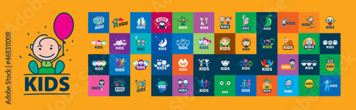 A set of vector logos for children on different colored backgrounds