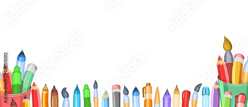 Stationery. Horizontal composition for the border. Pencils and brushes in glasses. Items for creativity. Ballpoint and gel pens. Isolated on white background. Cheerful cartoon style. Vector.