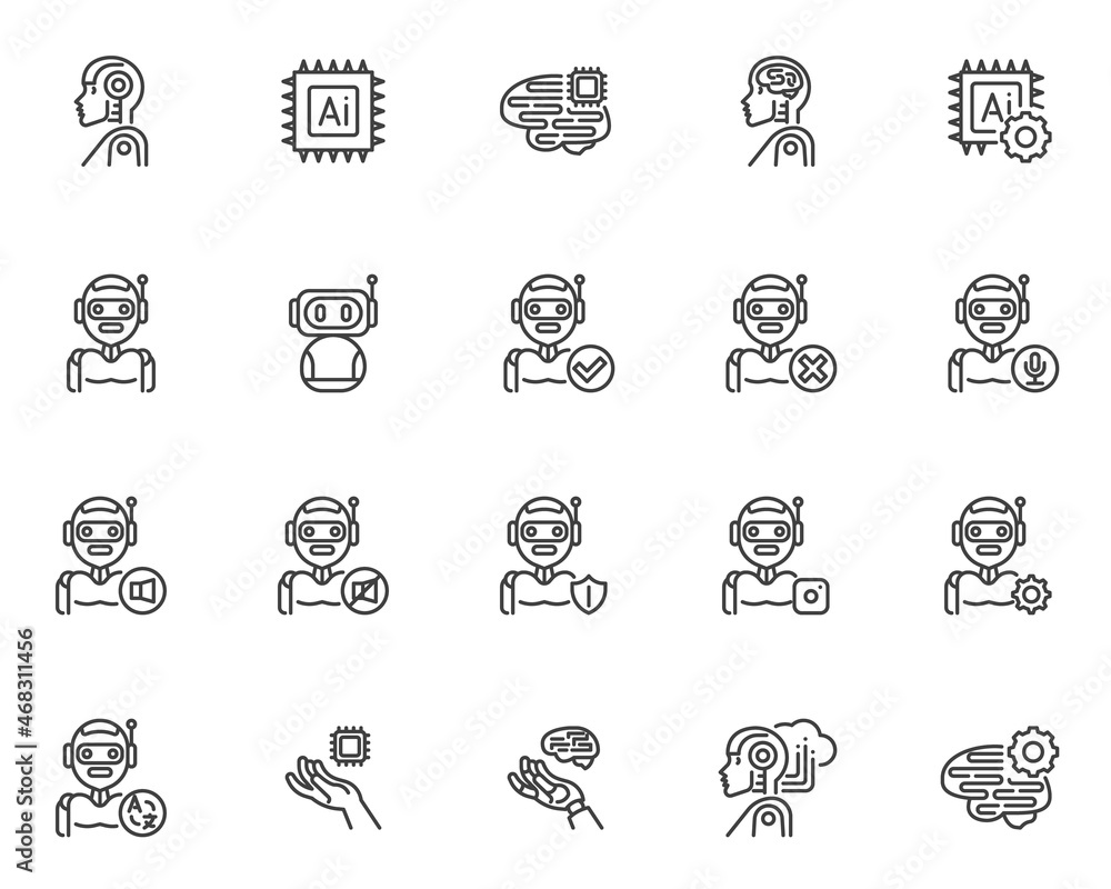 Artificial intelligence technology line icons set