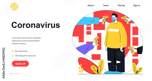 Coronavirus disease web banner concept. Man measuring temperature with infrared handheld thermometer, virus precautions, landing page template. Vector illustration with people scene in flat design