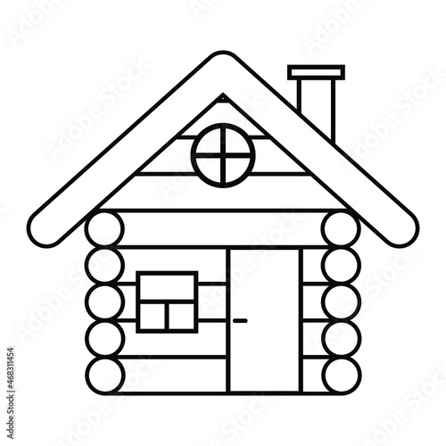 Old vintage wooden house, black linear sign for design on white background, vector illustration