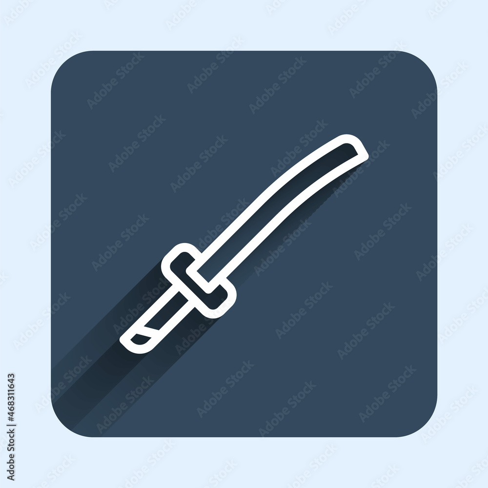 White line Traditional Japanese katana icon isolated with long shadow background. Japanese sword. Blue square button. Vector White line Traditional Japanese katana icon isolated with long shadow background. Japanese sword. Blue square button. Vector