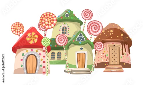 Sweet home isolated on white background. Caramel fairy house. Illustration in cartoon style flat design. Picture for children. Vector