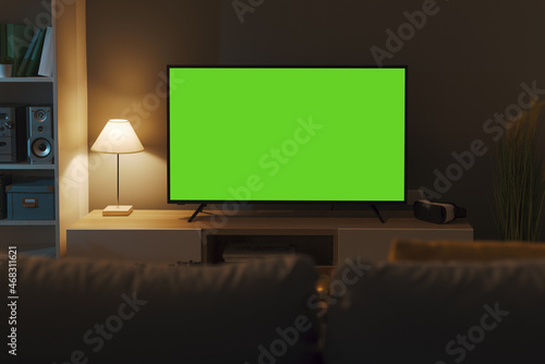 Television with horizontal green screen in the living room
