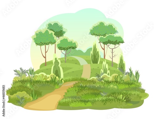 Road. Amusing beautiful forest landscape. Trail. Cartoon style. Leaves. The path through the hills with grass. Cool romantic beauty. Flat design illustration. Vector art