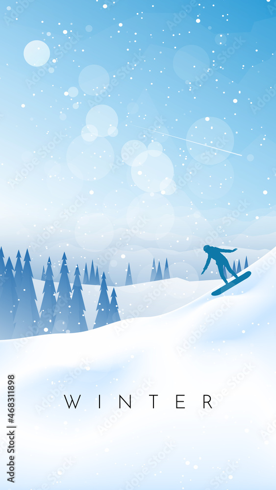 Winter landscape. Snowboarding in the mountains. Adventures, hiking, tourism. Travel concept of extreme, active winter sport. Minimalist polygonal flat design graphic poster. Vector illustration