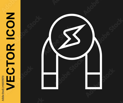 White line Magnet icon isolated on black background. Horseshoe magnet, magnetism, magnetize, attraction. Vector
