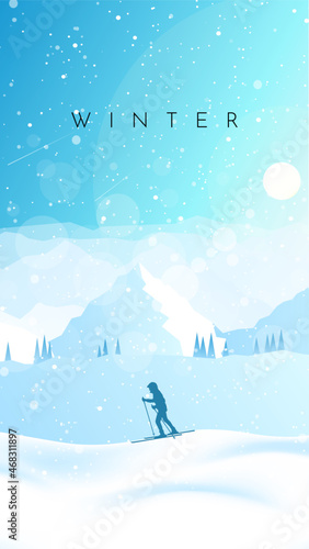 Winter landscape. Skiing in the mountains. Adventures, hiking, tourism, outdoor sports. Travel concept of discovering, exploring. Minimalist polygonal flat design graphic poster. Vector illustration