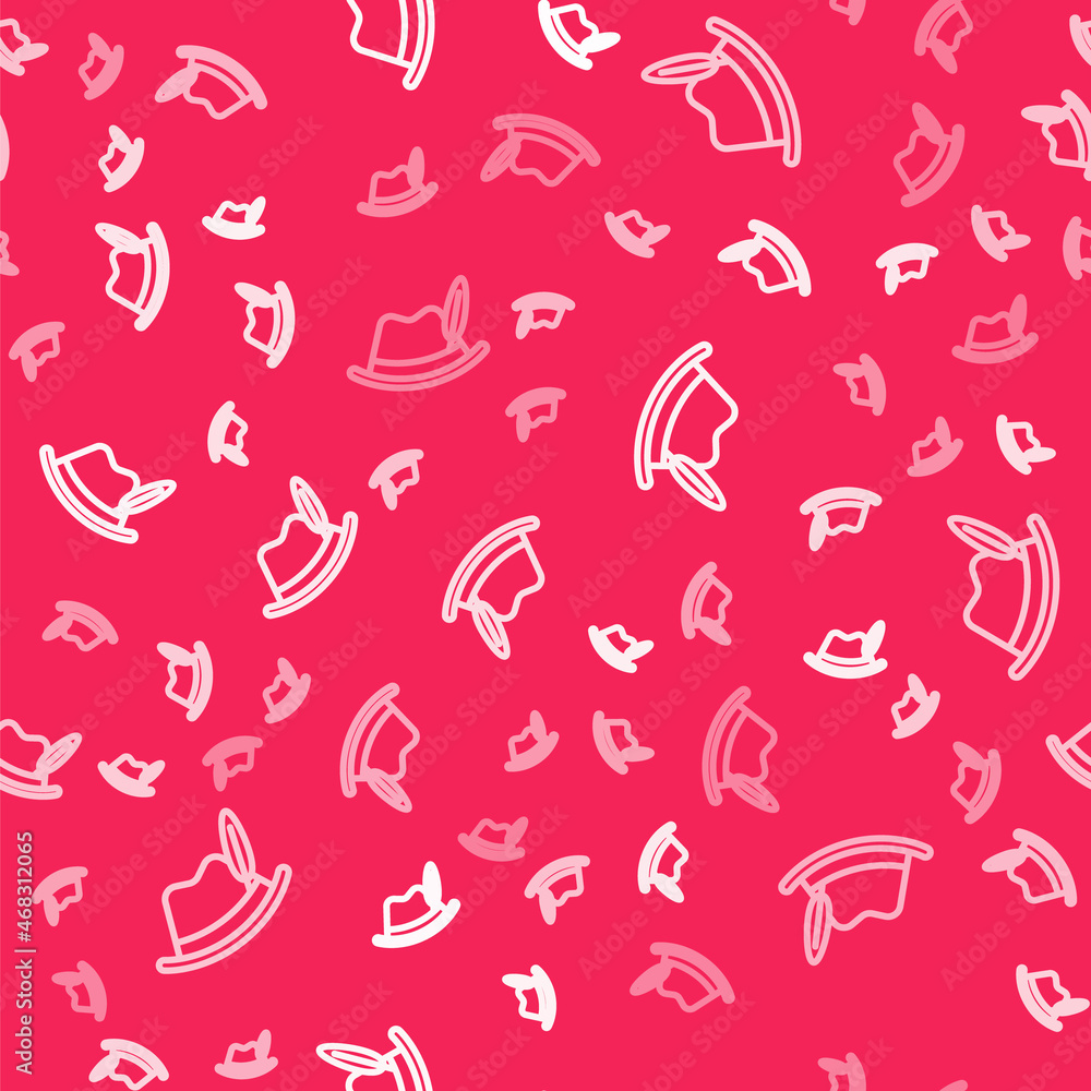 White line Oktoberfest hat icon isolated seamless pattern on red background. Hunter hat with feather. German hat. Vector