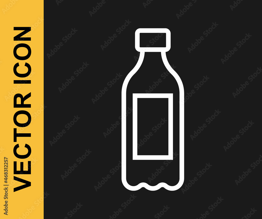 White line Bottle of water icon isolated on black background. Soda aqua drink sign. Vector White line Bottle of water icon isolated on black background. Soda aqua drink sign. Vector