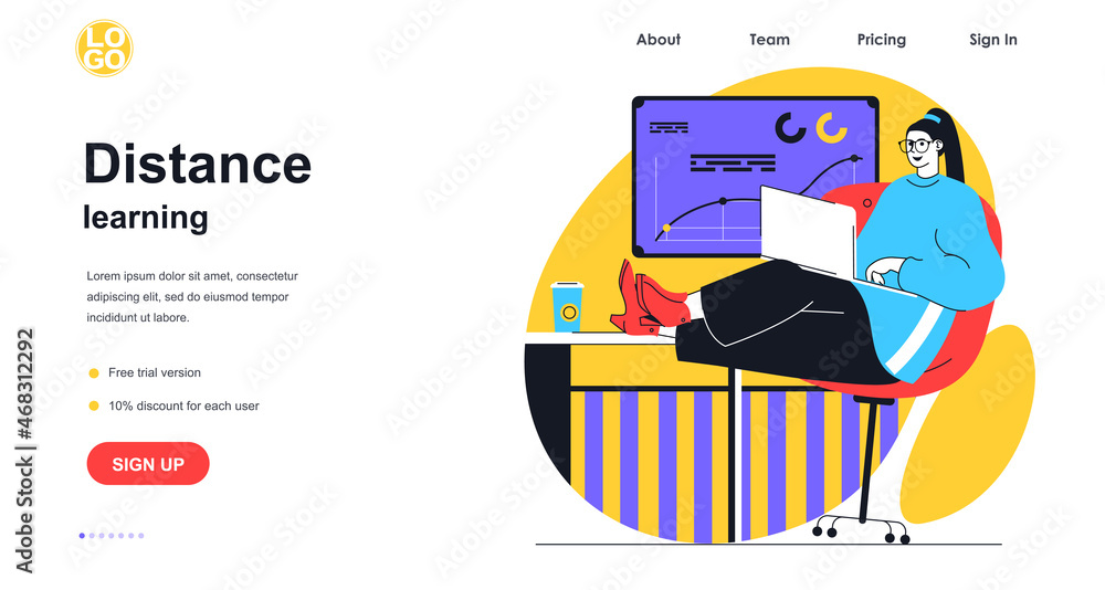 Distance learning web banner concept. Woman student studying using laptop at home, watching online courses or webinars, landing page template. Vector illustration with people scene in flat design Distance learning web banner concept. Woman student studying using laptop at home, watching online courses or webinars, landing page template. Vector illustration with people scene in flat design
