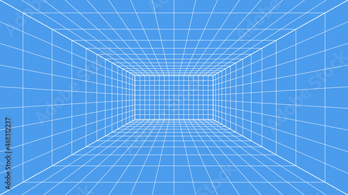 3d wireframe grid room. 3d perspective laser grid 16 9.. Cyberspace blue background with white mesh. Futuristic digital hallway space in virtual reality. Vector illustration.