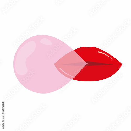 women's lips blowing gum, color vector illustration in cartoon style