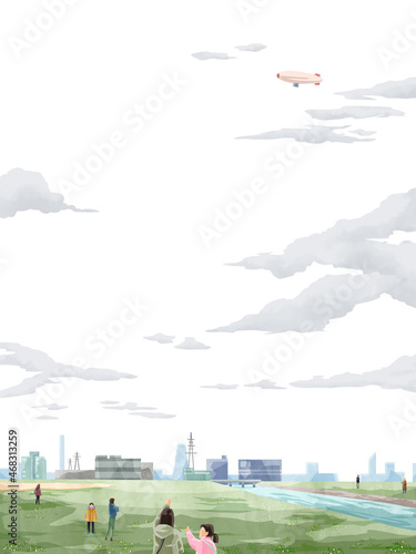 飛行船の飛ぶ風景手書き水彩風イラスト