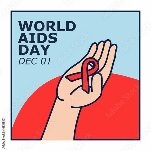 World Aids Day, Red Ribbon On Hand With Comic Style Poster Vector Background Illustration