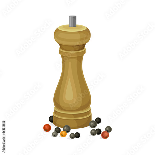 Black pepper wooden grinder with peppercorns vector illustration on white background