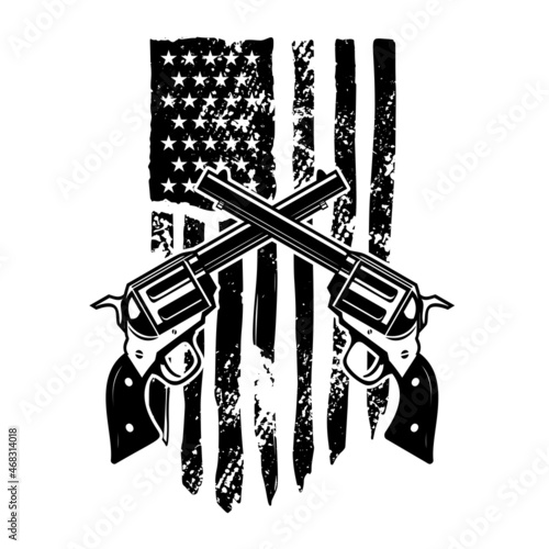 Crossed revolvers on american flag background. Design element for logo, emblem, sign, poster, t shirt. Vector illustration
