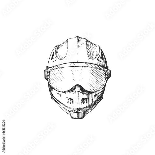 Motorcycle crash helmet illustration on white background. Hand drawn sketch in vector.