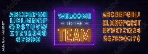 Welcome to the Team neon sign on a brick background.