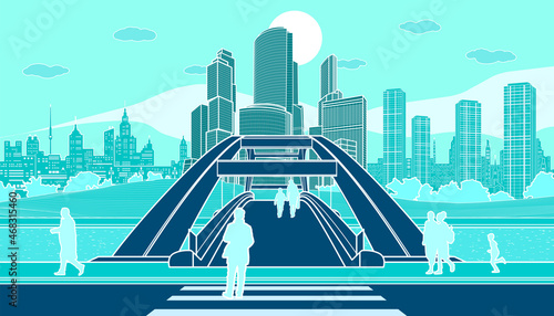 Colorful bright cityscape sketch. Pedestrian bridge over the river. Night modern city. Infrastructure town illustration. People walking at street. Vector design art