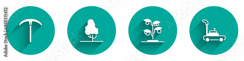 Set Pickaxe, Fruit tree, Sprout and Lawn mower icon with long shadow. Vector