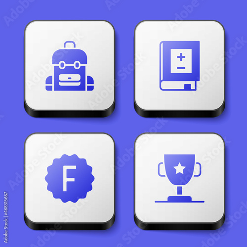 Set School backpack, Book with mathematics, Exam paper incorrect answers and Award cup icon. White square button. Vector © Iryna