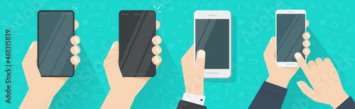 Cell phone blank mockup in hand vector set or person man holding or showing mobile cellphone with empty screen template flat cartoon illustration, touching smartphone display with forefinger finger