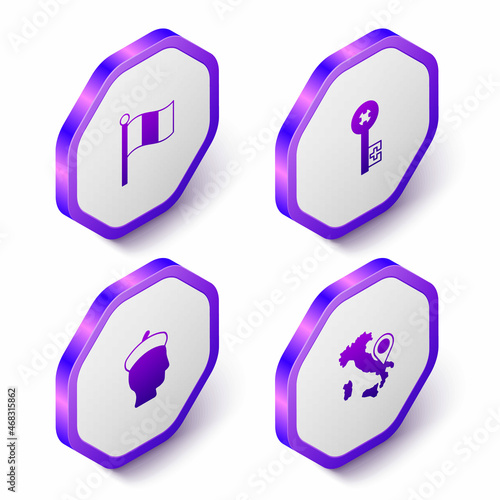 Set Isometric Flag Italy, Old key, French man and Map of icon. Purple hexagon button. Vector