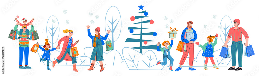 People buying Christmas gifts. Family doing Christmas  shopping, flat cartoon vector illustration isolated on white background. Winter season sales and fairs, holiday market.