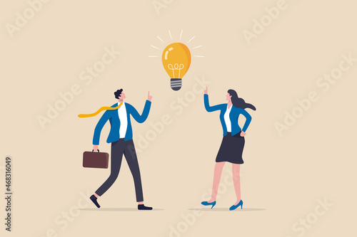 Bright idea to solve problem, business team brainstorm or thinking about new innovative idea, creativity or imagination concept, businessman and businesswoman thinking with bright lightbulb idea.