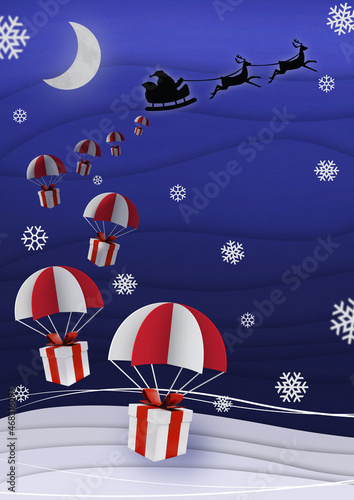 Santa Claus in his sleigh dropping gifts