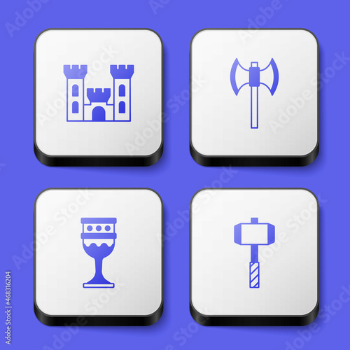 Set Castle, Medieval poleaxe, goblet and Battle hammer icon. White square button. Vector