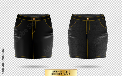 Vector illustration of black denim model skirt on transparent background. Jeans skirt mock up. Mini