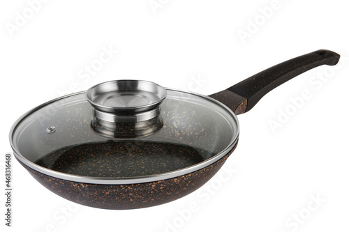 new non-stick frying pan, covered with a glass lid on a white background
