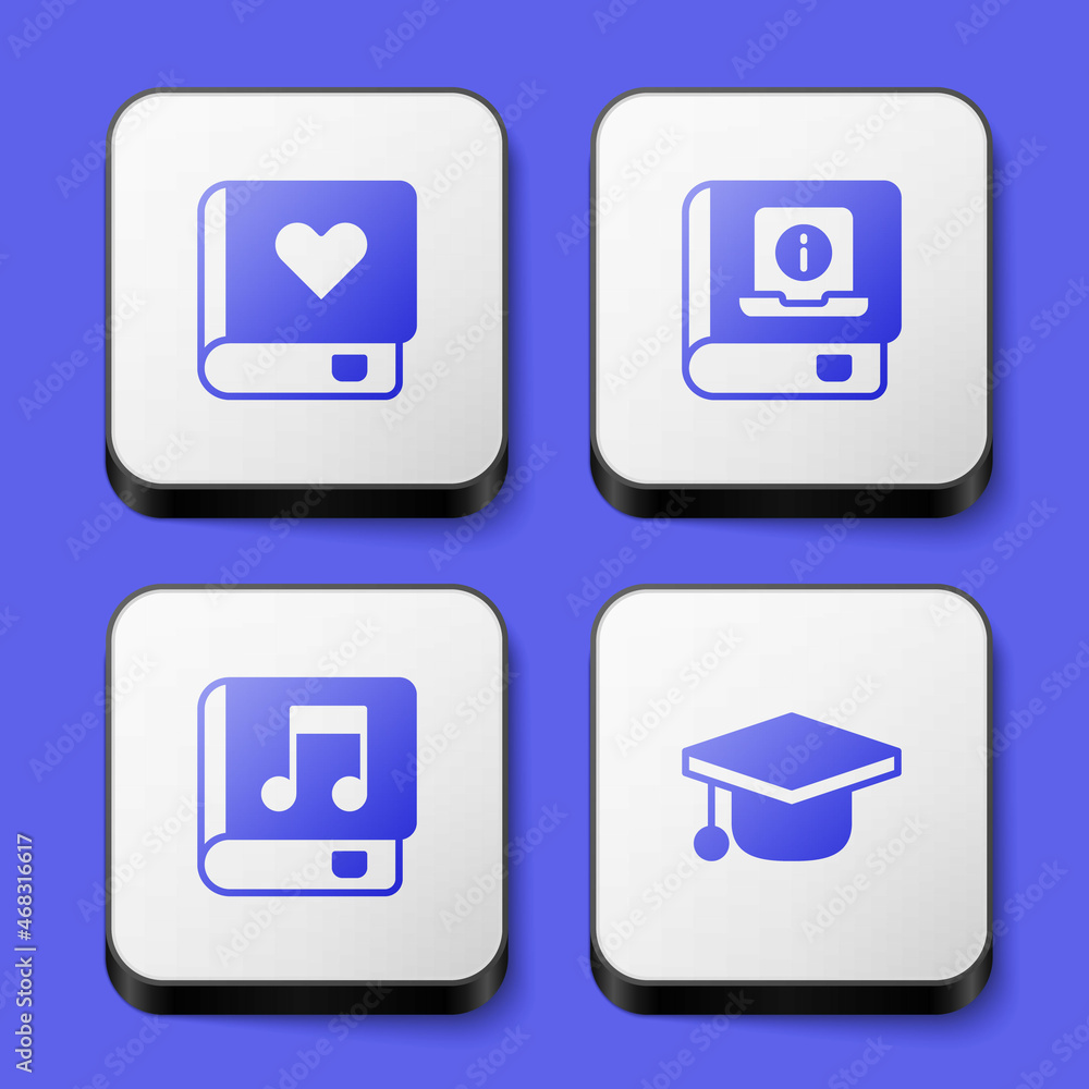 Set Romance book, User manual, Audio and Graduation cap icon. White square button. Vector Set Romance book, User manual, Audio and Graduation cap icon. White square button. Vector