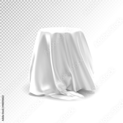Presentation pedestal covered with a white cloth. Realistic vector, 3d illustration