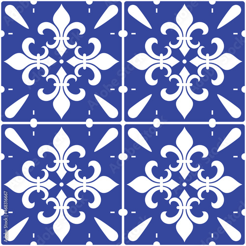 Portuguese Azulejo tile seamless vector decrative pattern with fleur de lis motif, navy blue abstract geometric design
