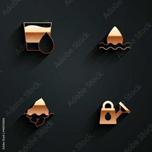 Set Glass with water, Water drop, Iceberg and Watering can icon with long shadow. Vector