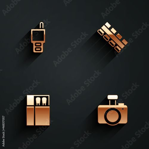 Set Walkie talkie, Hunting cartridge belt, Open matchbox and matches and Photo camera icon with long shadow. Vector