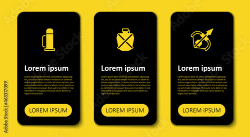 Set Medieval bow and arrow, Canteen water bottle and Thermos container. Business infographic template. Vector