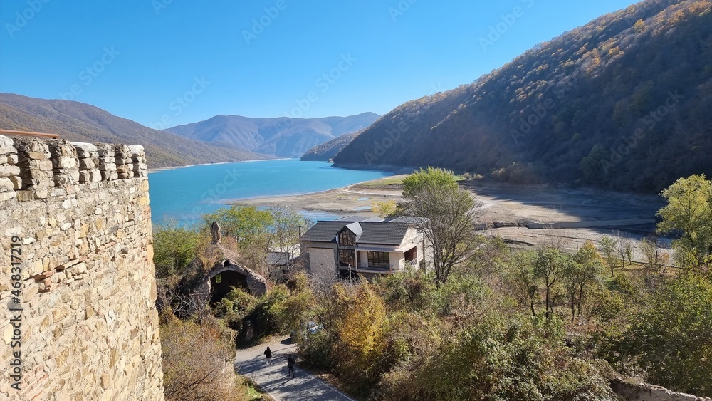 View of the Zhinvali or Jinvali lake valley in Georgia.