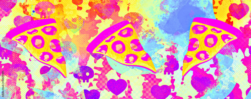 Fototapeta premium Minimalistic stylized collage banner art. 3d render pizza in colorfull space. Fast food concept