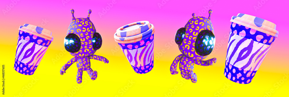 3d render creative food banner. Stylish animal prints coffee cups and aliens. Restaurant, bars, cafes, shop, take away concept 3d render creative food banner. Stylish animal prints coffee cups and aliens. Restaurant, bars, cafes, shop, take away concept