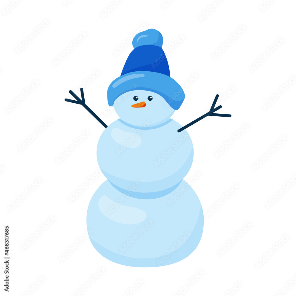 Cute Snowman in hat and carrot isolated on white. Childish vector cartoon illustration.