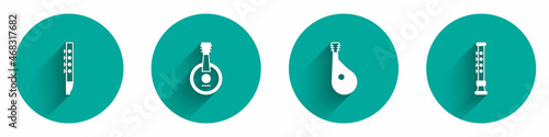 Set Flute, Banjo, Bandura and icon with long shadow. Vector