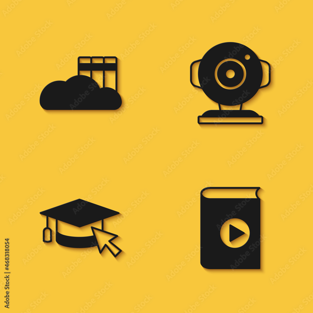Set Cloud or online library, Audio book, Graduation cap with cursor and Web camera icon with long shadow. Vector