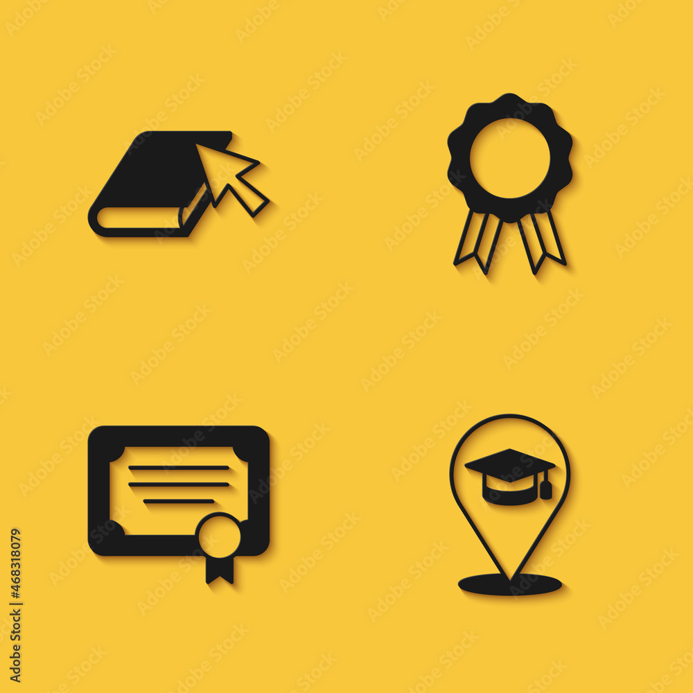 Set Online book, education, Certificate template and with diploma icon with long shadow. Vector Set Online book, education, Certificate template and with diploma icon with long shadow. Vector