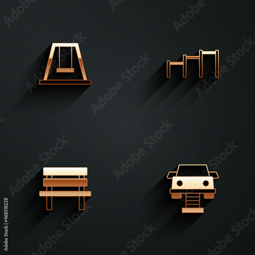 Set Swing for kids, Sport horizontal bar, Bench and car icon with long shadow. Vector
