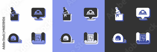 Set House plan, Paint bucket with brush, Roulette construction and Worker safety helmet icon. Vector